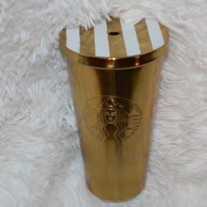 Starbucks Mermaid Siren Gold Stainless Metal Striped Lid 16oz Tumbler Cup
